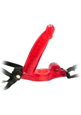 Double Penetrator Strap On Vibrating Cock Ring - Red