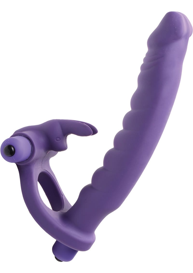 Frisky Double Delight Dual Insertion Vibrating Silicone Rabbit Ring Purple 6.5 Inch