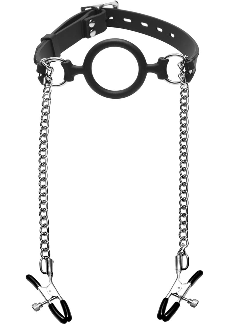 Master Series Mutiny Silicone O-Ring Gag with Nipple Clamps - Black