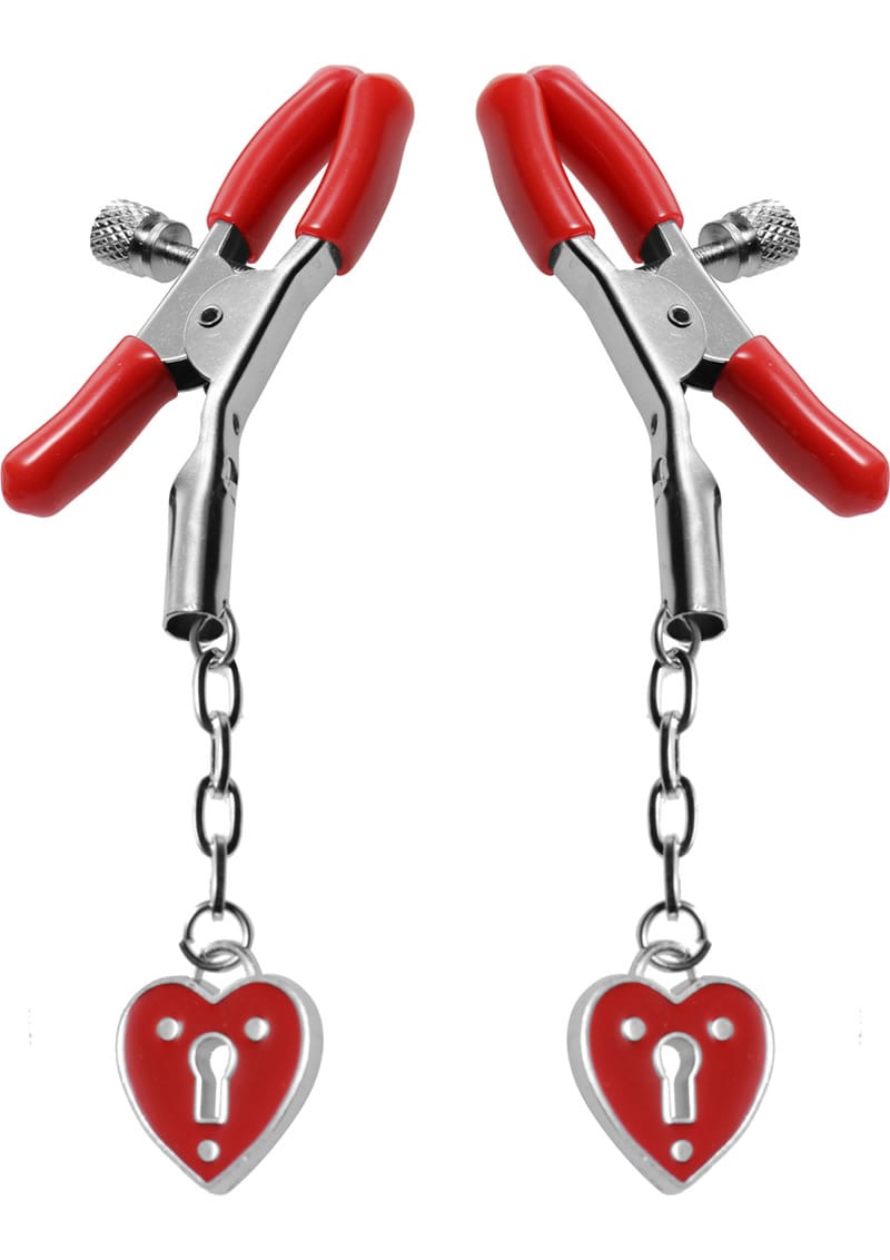Master Series Charmed Heart Padlock Nipple Clamps Red