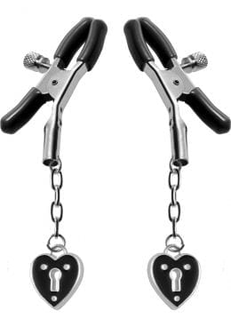 Master Series Platinum Bound Charmed Heart Padlock Nipple Clamps