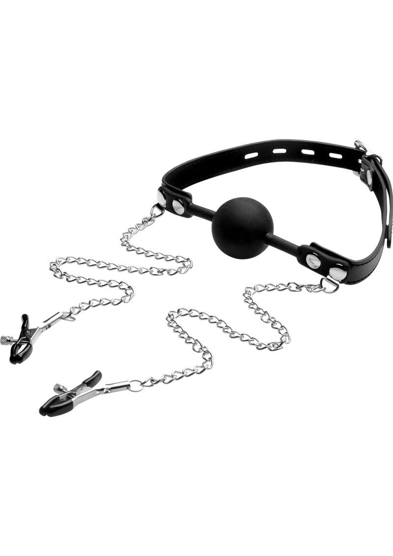 Strict Ball Gag with Nipple Clamps Silicone Black And Silver