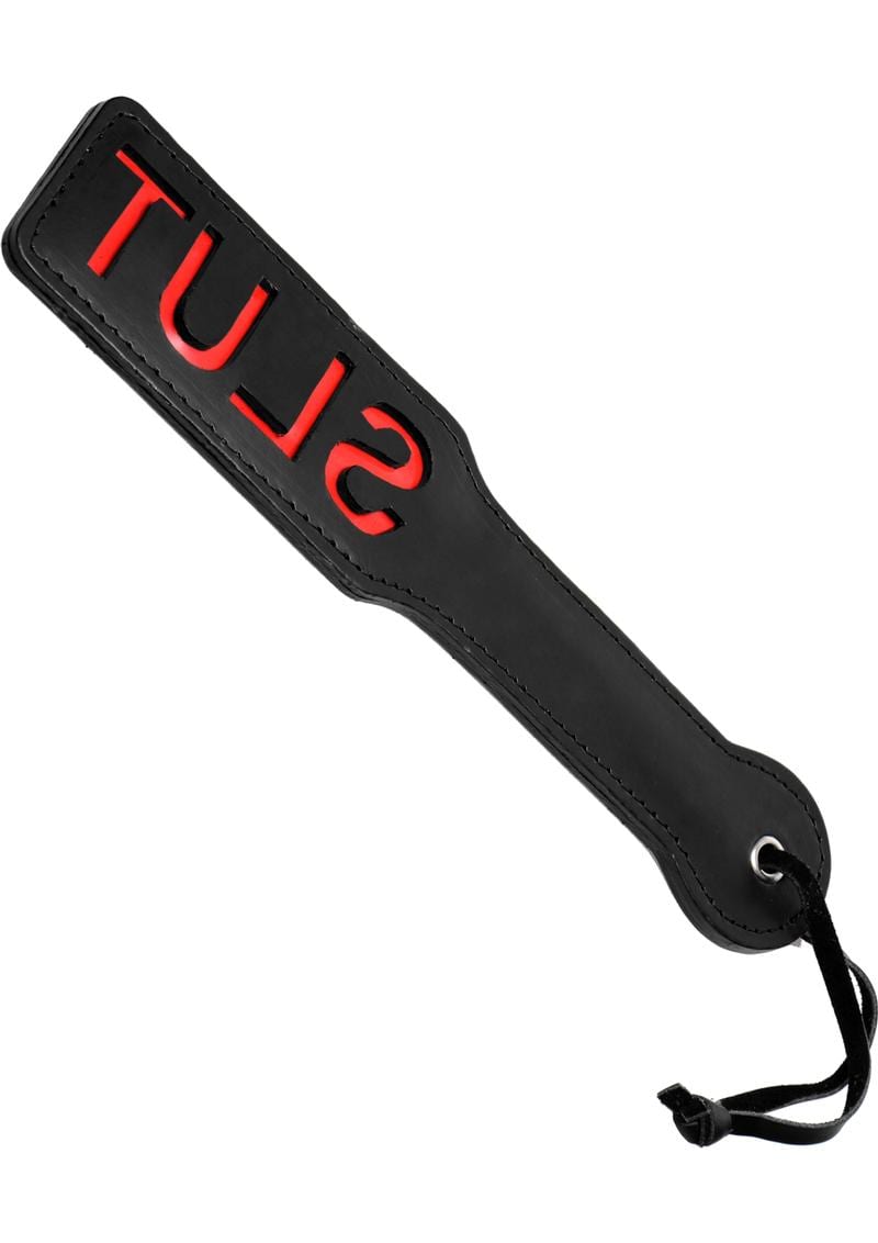 Master Series Crimson Tied Collection Slut Steel Enforced Faux Leather Spanking Paddle Black 12.5 Inch