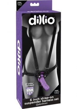 Dillio Strap-On Suspender Harness Set Black With Silicone Dong Purple 6 Inch