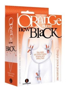 The 9`s - Orange Is The New Black Triple Your Pleasure Nipple and Clitoral Clamps with Chain - Orange