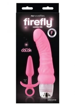 Firefly Combo Kit 6-Inch Multi Speed Vibrator and Pleasure Plug With Retrieval  Ring Glow in the Dark Silicone Pink