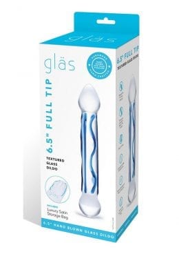 Full Tip Textured Dildo Glass Clear/Blue 6.5 Inches