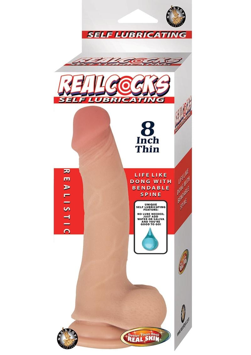 RealCocks Self Lubricating Bendable Realistic Thin Dildo With Balls Waterproof Flesh 8 Inches