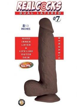 Realcocks Dual Layered #7  Bendable Realistic Dong Waterproof 8.5 Inches  Dark Brown
