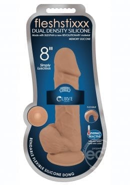 FlexhStixxx Dual Density Silicone Bendable Dong With Balls 8 in - Caramel