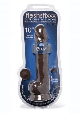 FlexhStixxx Dual Density Silicone Bendable Dong With Balls 10 in - Chocolate