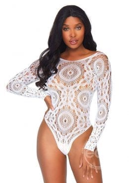Crochet Lace Long Sleeved Snap Crotch Thong Back Bodysuit  - Medium/Large - White