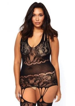 Leg Avenue Seamless Floral Lace Opaque Suspender Bodystocking With Shredded Strap Detail - Plus Size - Black