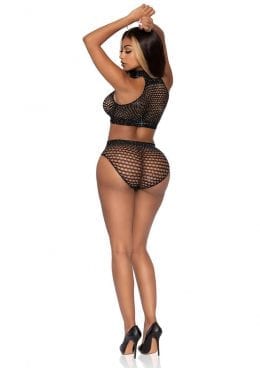 Leg Avenue Rhinestone Oval Net High Neck Crop Top And High Waist Bottoms (2 Piece) - O/S - Black