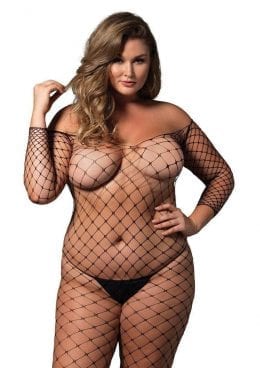 Leg Avenue Fence Net Off The Shoulder Long Sleeved Bodystocking - Plus Size - Black