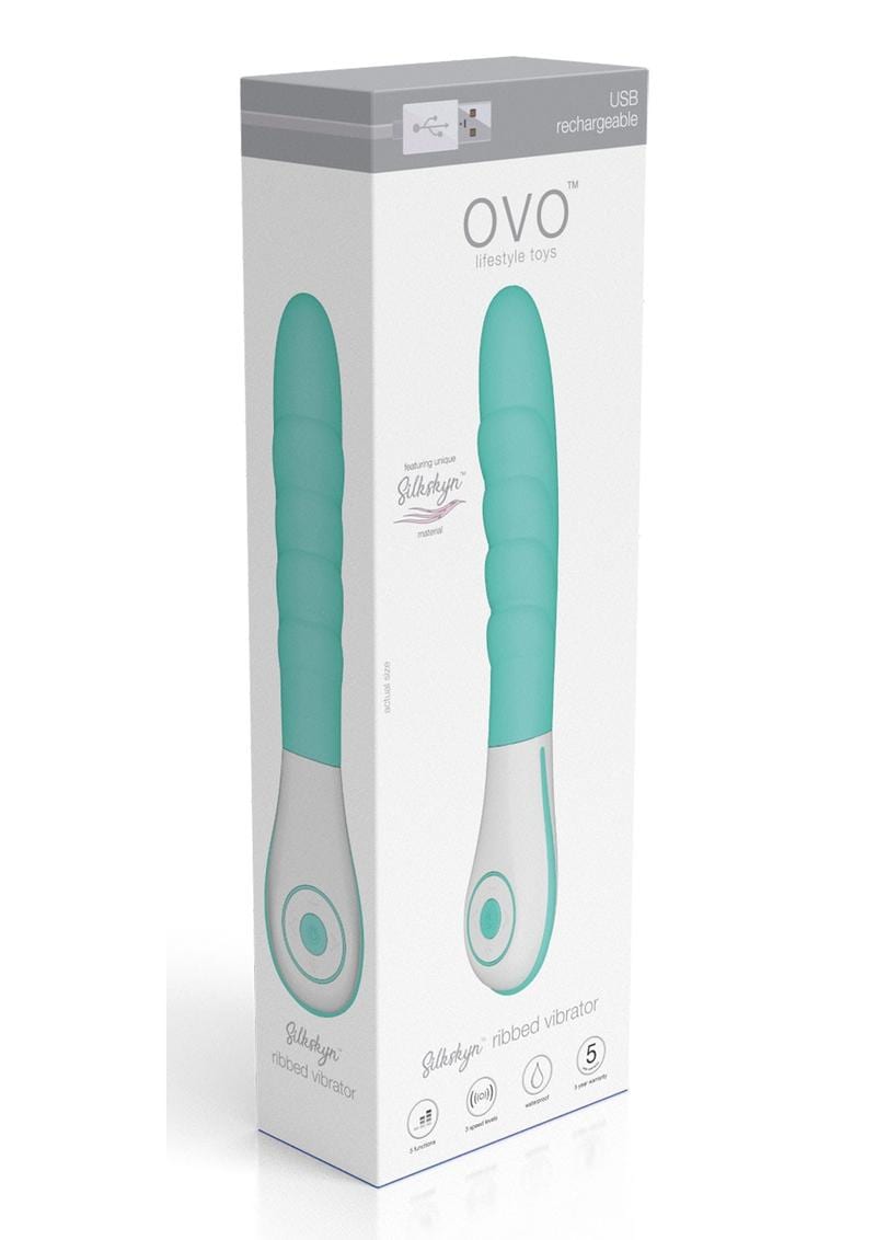 Ovo Silkskyn Rechargeable Silicone Ribbed Vibrator - Aqua/White