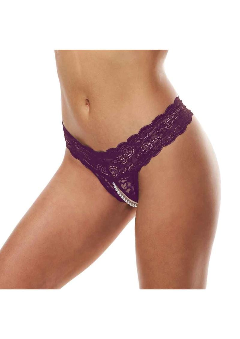 Secret Kisses Lace andamp; Pearl Crotchless Thong - S/M - Purple