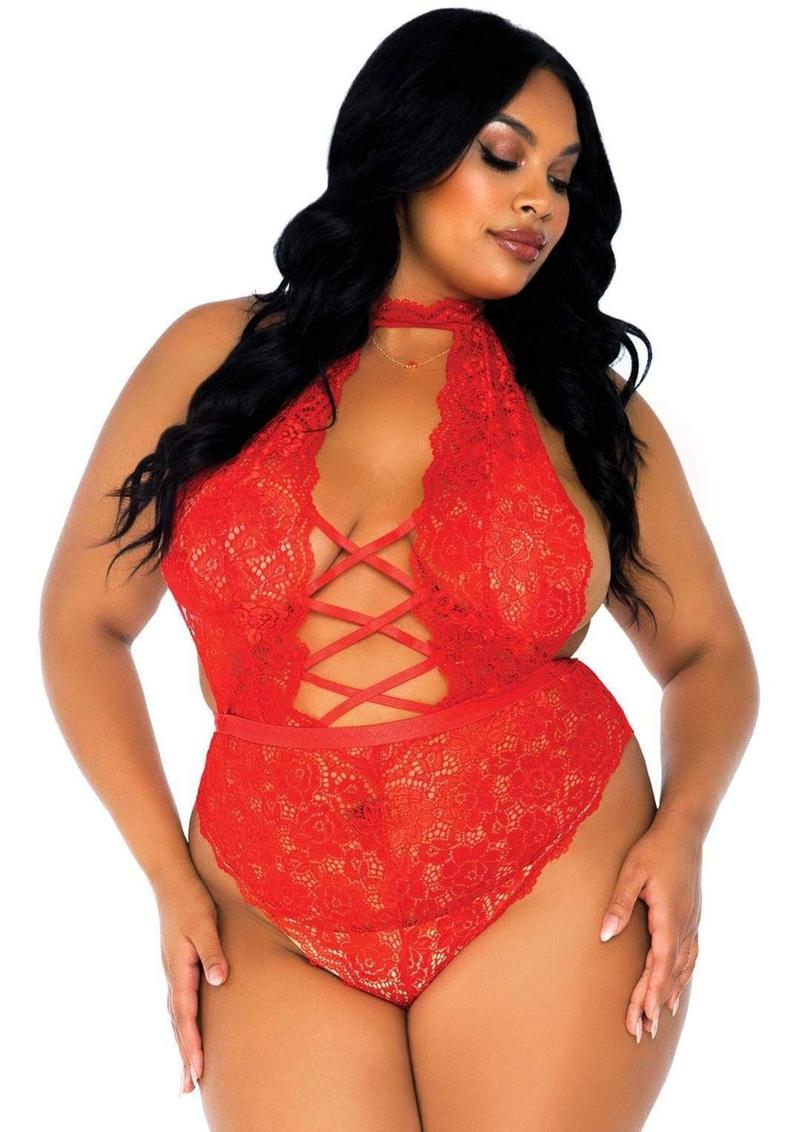 Leg Avenue High Neck Floral Lace Backless Teddy With Lace Up Accents And Crotchless Thong Panty - 1X-2X - Red