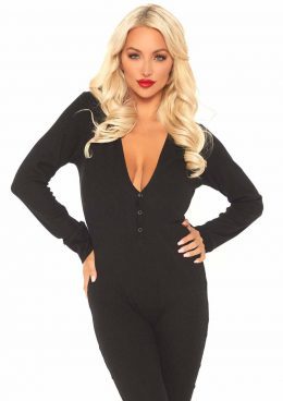 Leg Avenue Cozy Brushed Rib Long Johns With Cheeky Snap Closure Back Flap - Medium/Large - Black
