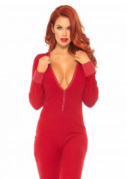 Leg Avenue Cozy Brushed Rib Long Johns With Cheeky Snap Closure Back Flap - Small/Medium - Red