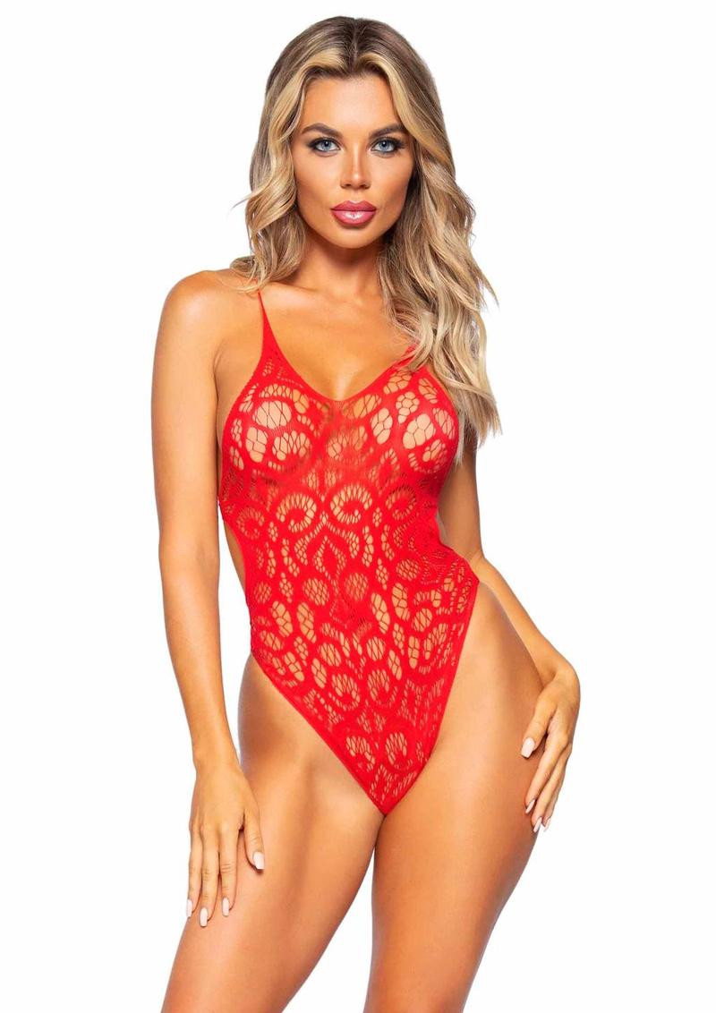 Leg Avenue Seamless Scroll Lace with Nearly Naked Strappy Back - O/S - Red