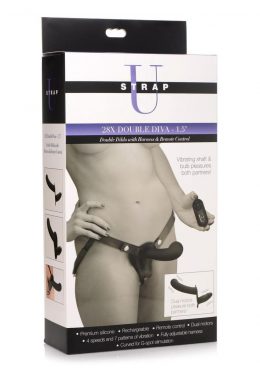 Strap U 28x Rechargeable Silicone 28X Double Dildo with Harness andamp; Remote Control - Black