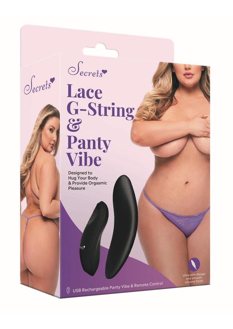 Secret Kisses Rechargeable Silicone Lace G-String and Panty Vibe - Queen - Purple