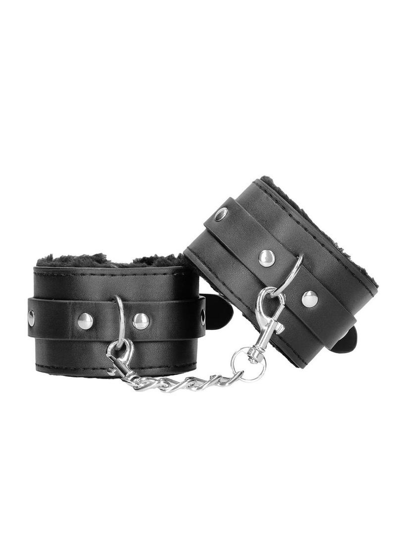 Ouch! Plush Bonded Leather Hand Cuffs - Black