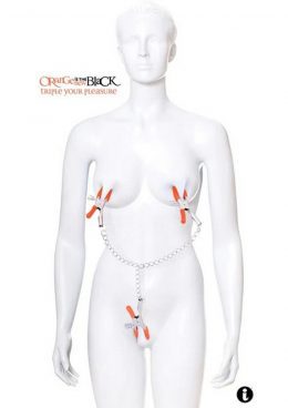 The 9`s - Orange Is The New Black Triple Your Pleasure Nipple and Clitoral Clamps with Chain - Orange