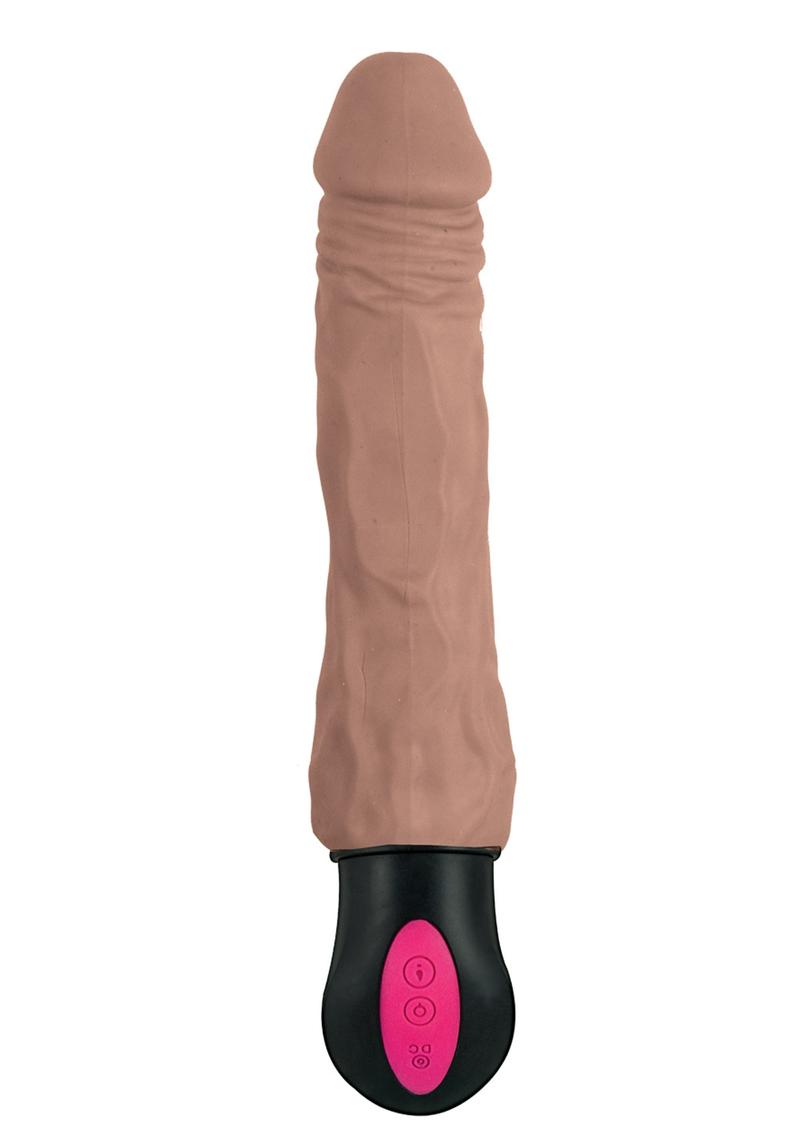 Natural Realskin Hot Cock 3 Rechargeable Warming Dildo 8in - Chocolate