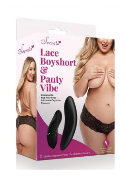 Secrets Lace Boyshort andamp; Rechargeable Remote Control Panty Vibe - Q/S - Black