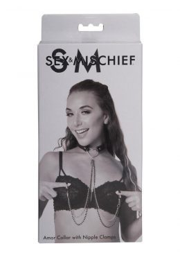 Sex andamp; Mischief Amor Collar with Nipple Clamps - Black/Silver