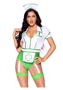 Leg Avenue Nurse Feelgood Snap Crotch Garter Bodysuit with Attached Apron and Hat Headband (2 Piece) - Large - Green/White