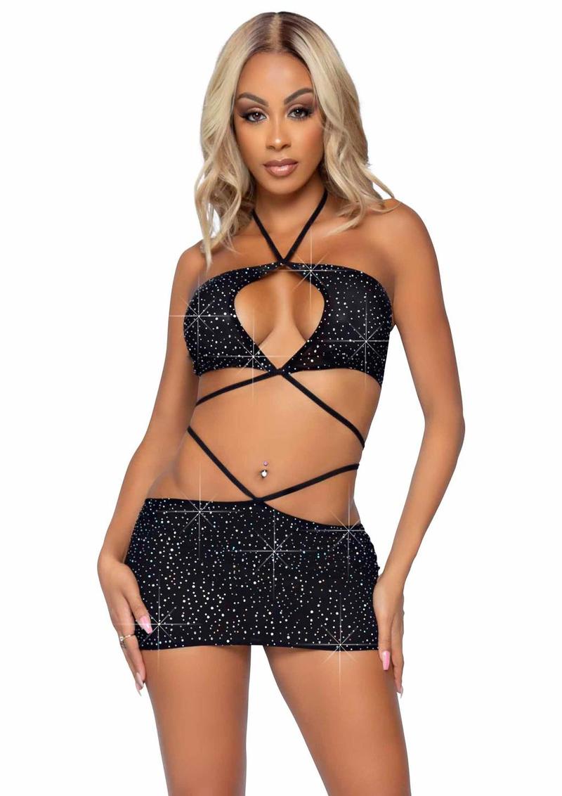 Leg Avenue Rhinestone Keyhole Bandeau Top and Low Rise Skirt with Waist Strap Detail (2 pieces) - Small - Black