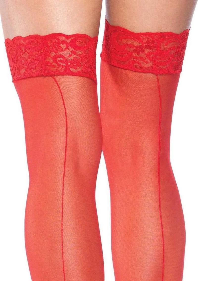 Leg Avenue Sheer Stocking with Back Seam Lace Top - O/S - Red