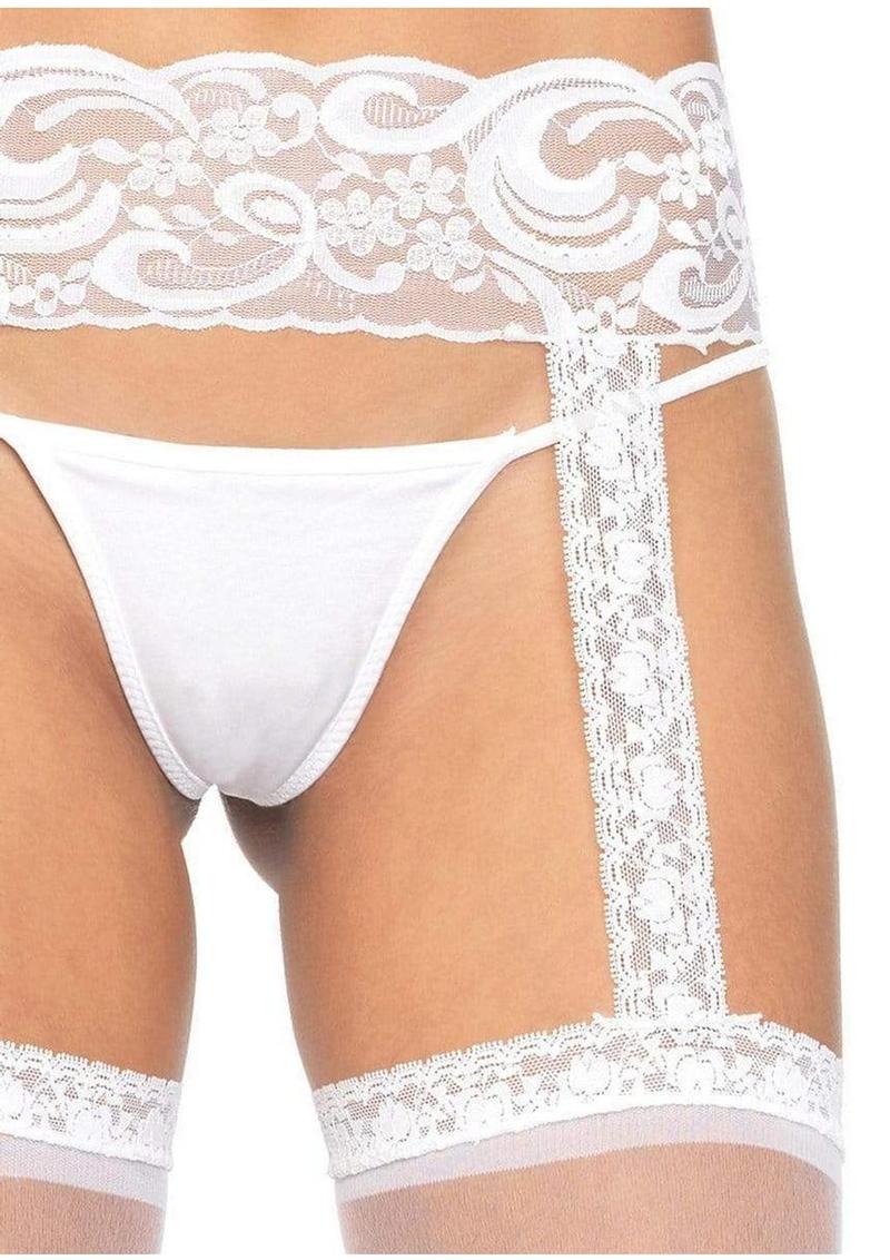 Leg Avenue Sheer Thi-Hi with Lace Garter Belt - O/S - White