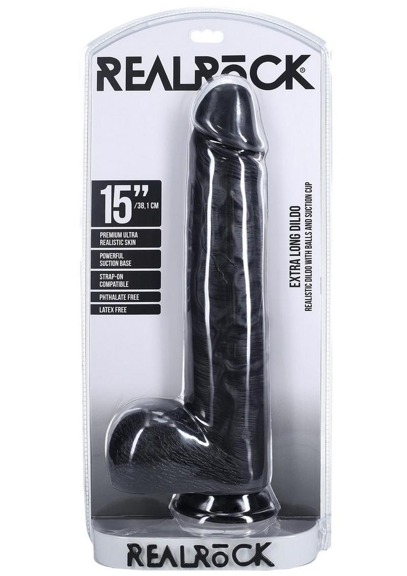 RealRock Ultra Realistic Skin Extra Large Straight Dildo with Balls and Suction Cup 15in - Chocolate