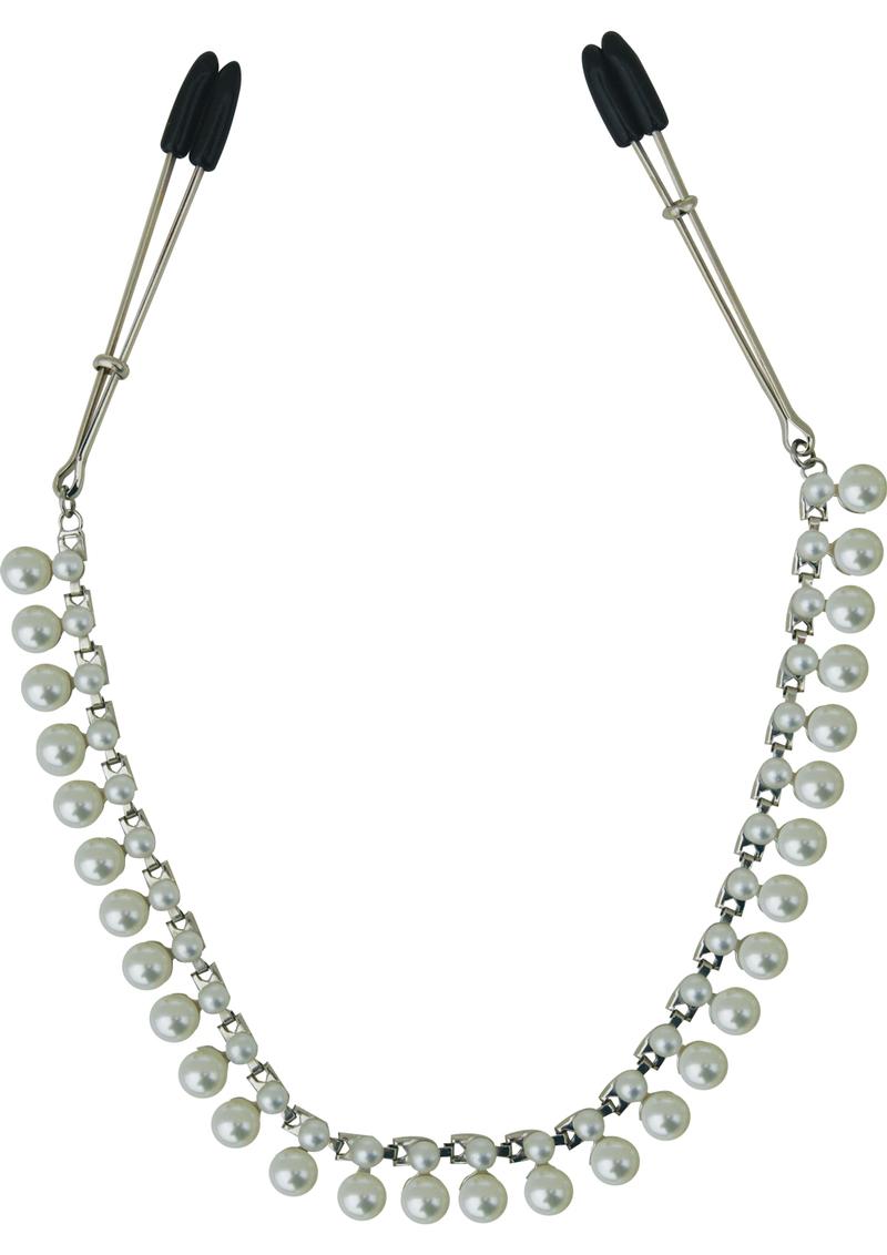 Sincerely Pearl Chain Nipple Clips 20in - Silver/White