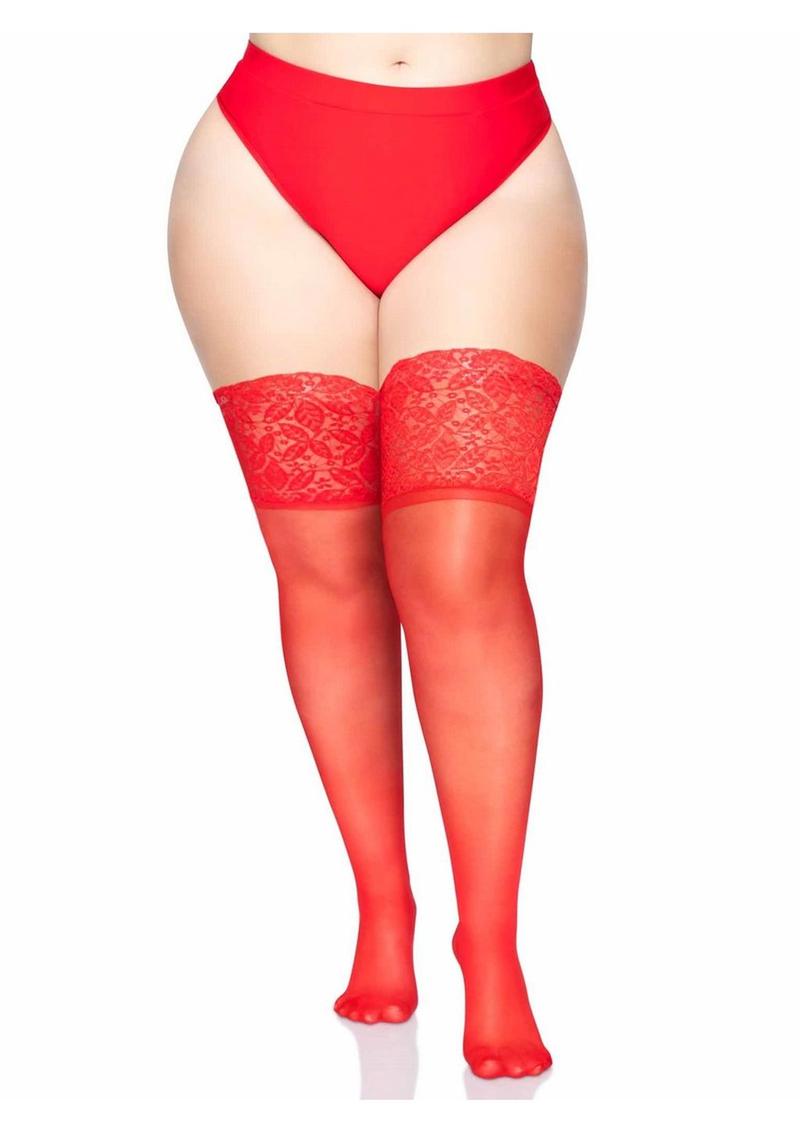 Leg Avenue Lycra Sheer Stay Up Thigh High with 5in Silicone Lace Top - Plus Size - Red