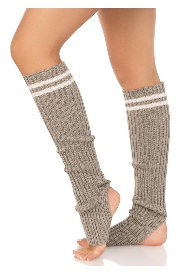 Leg Avenue Ribbed Stirrup Leg Warmers with Athletic Stripe - O/S - Grey