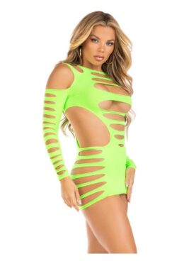 Leg Avenue Opaque Shredded Cut-Out Mini Dress - O/S - Neon Green