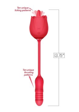 Wild Rose Lick and Thrust Rechargeable Silicone Dual Vibrator with Clitoral Stimulator - Red
