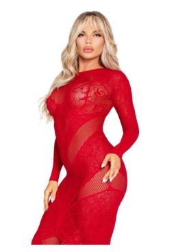 Leg Avenue Lace and Net Body Con Gown with Heart Keyhole Detail - OS - Red