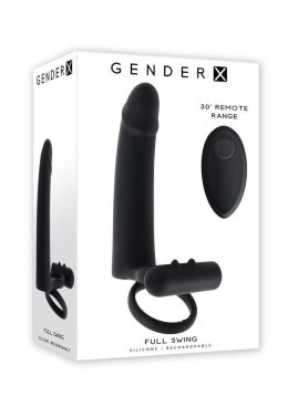 Gender X Full Swing Rechargeable Silicone Vibrating Dildo with Dual Cock Ring and Remote Control - Black