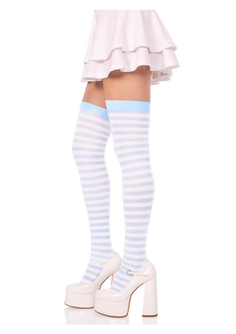 Leg Avenue Nylon Stocking with Stripe - White/Light Blue - O/S